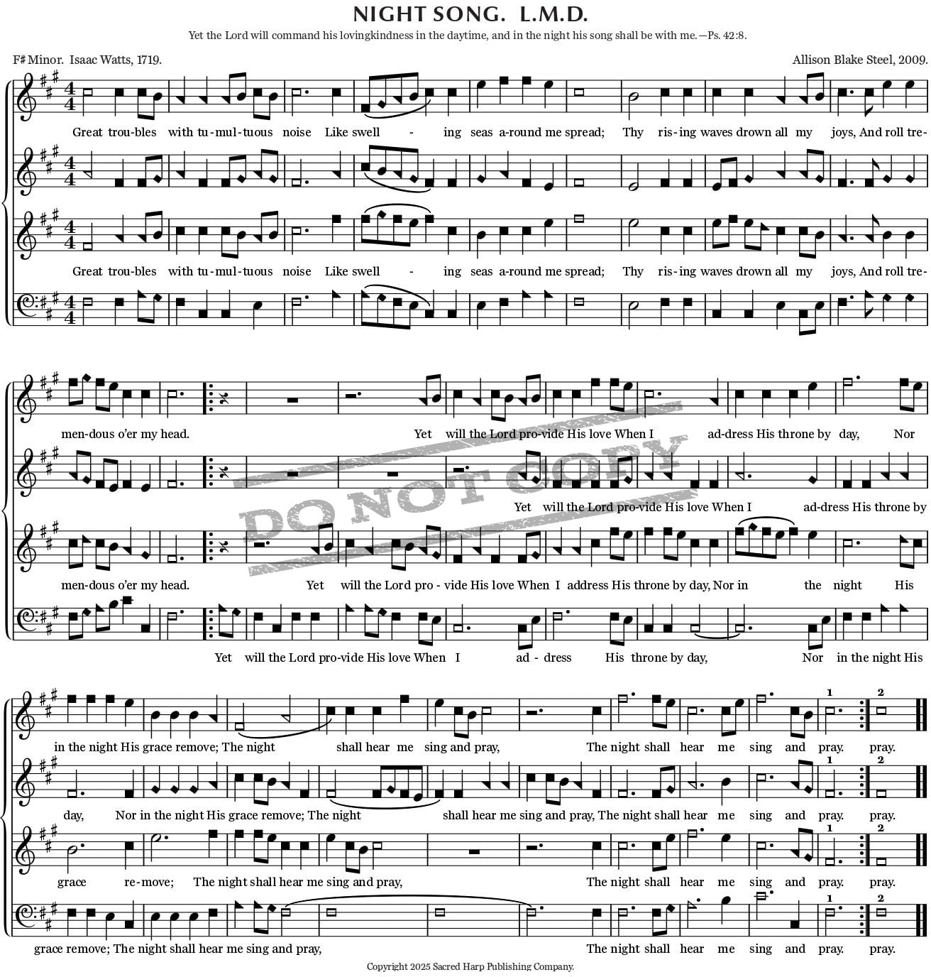 Sheet music for Sacred Harp 264 Night Song, showing the title, key, meter, notes, and first line of text